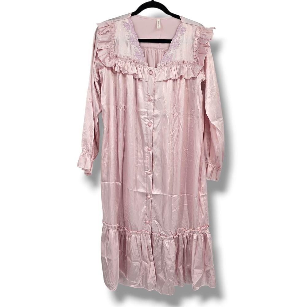 Fashion 4 Pink Satin Ruffle Nightgown Floral‎ Embroidery Long Sleeve Victorian S
